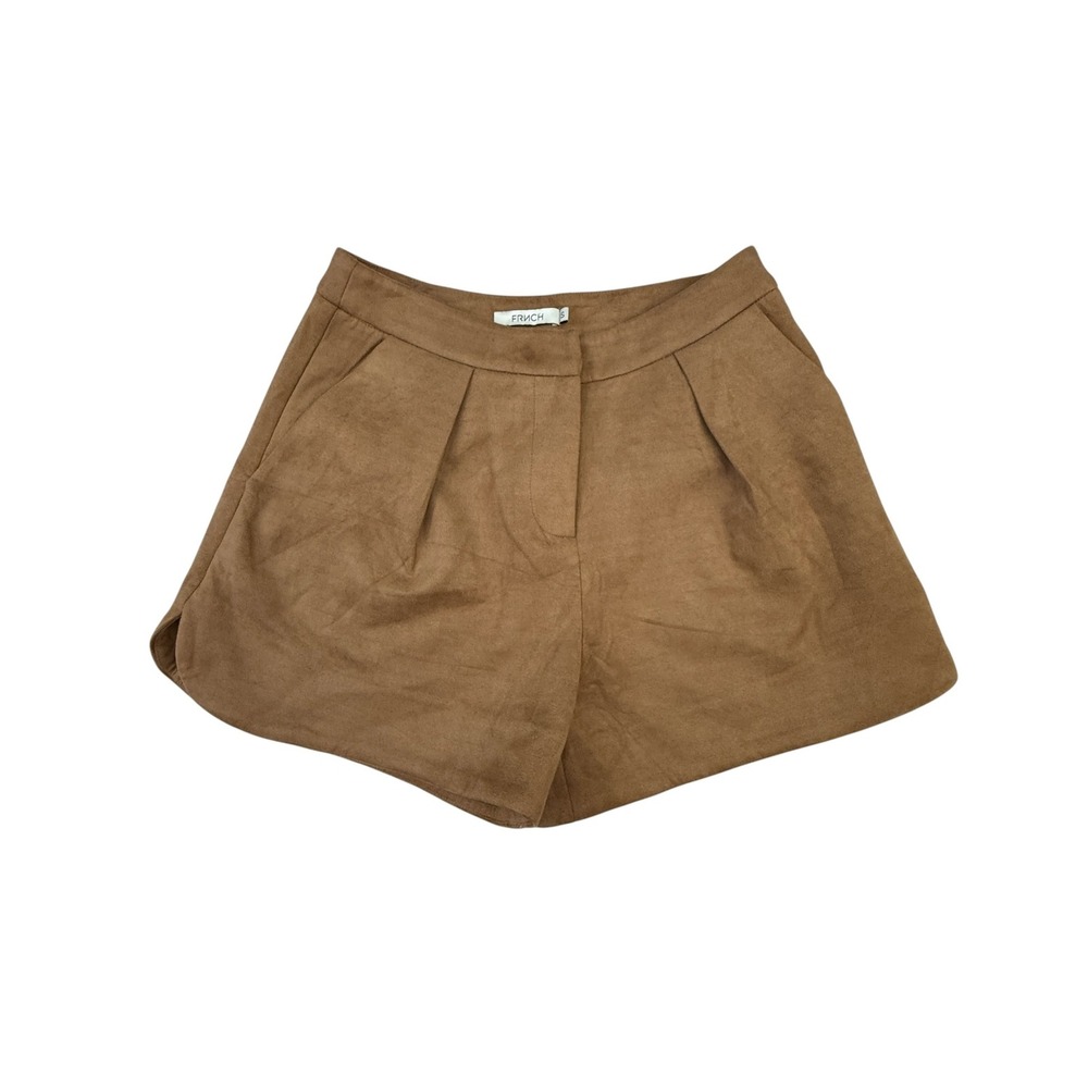 FRNCH Pleated Shorts Women Small Brown Faux Suede Pockets Casual High Rise